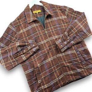 Round Two Autumn Plaid Herringbone Overshirt Jacket Mens L Full Zip Collared
